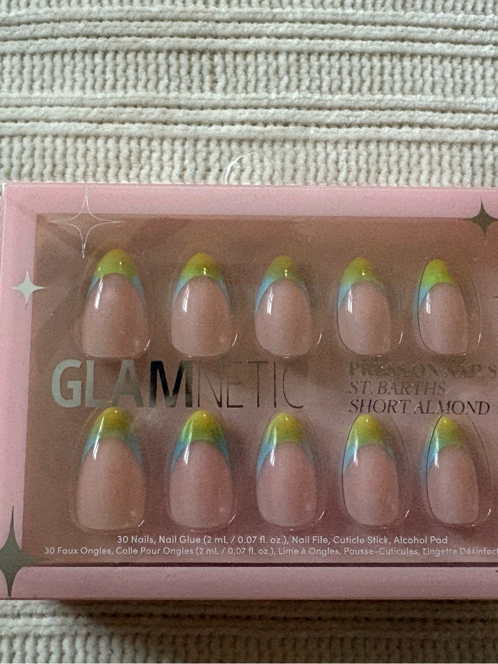 Glamnetic St. Barths Short Almond Press-On Nails in Pink with Yellow & Blue Tips